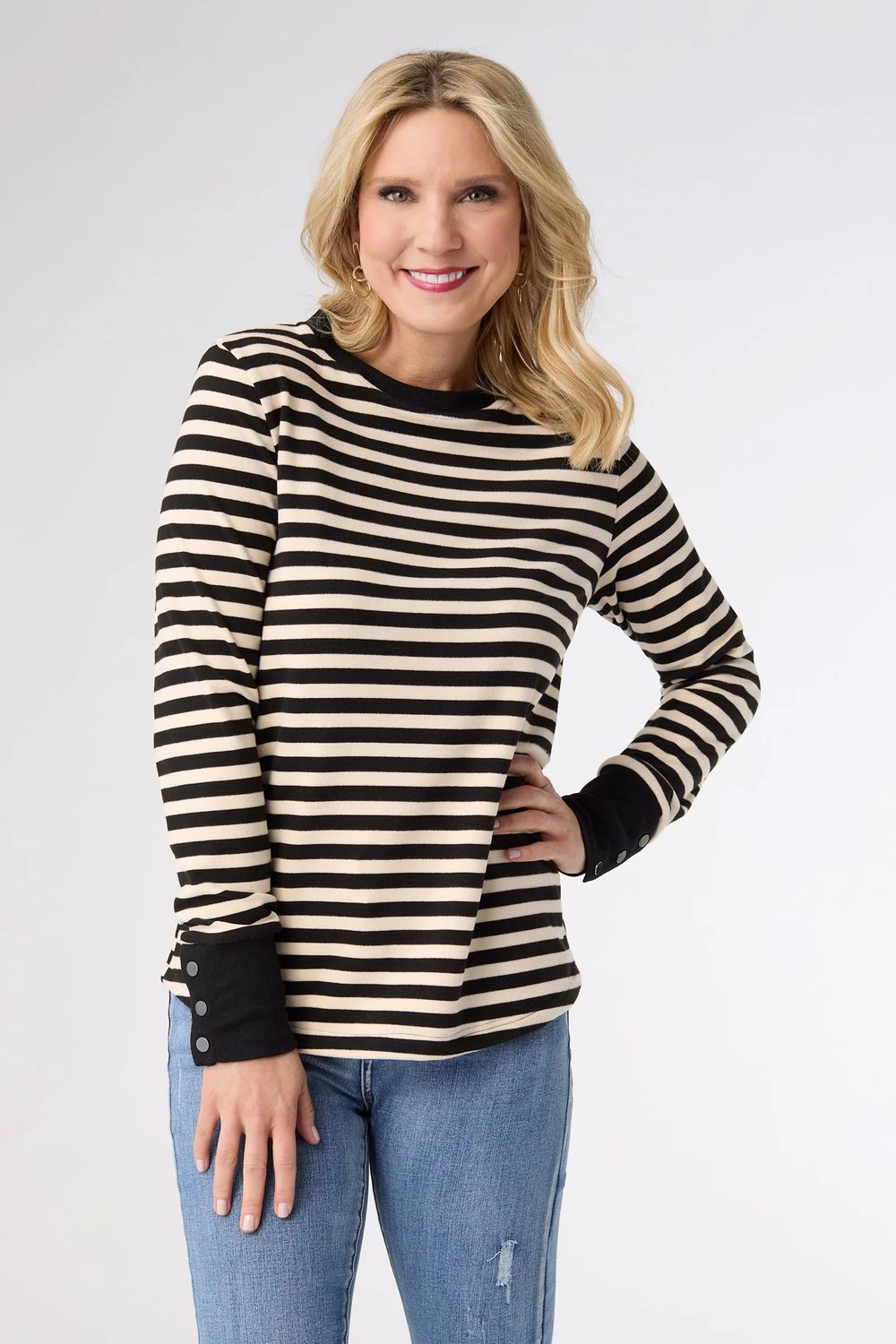Alexis Super Soft Top w/Snap Cuff, Color: Stripe Black/Cream, Size: S/M