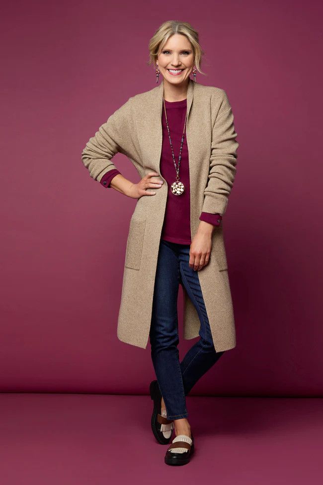 Heavenly-Luxe Long Cardigan w/Lattice Back, Color: Beige Heather, Size: S/M