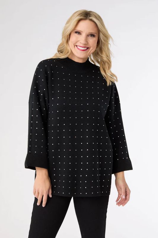 Heavenly-Luxe Mock Neck 3/4 Sleeve Rhinestone Sweater - Black