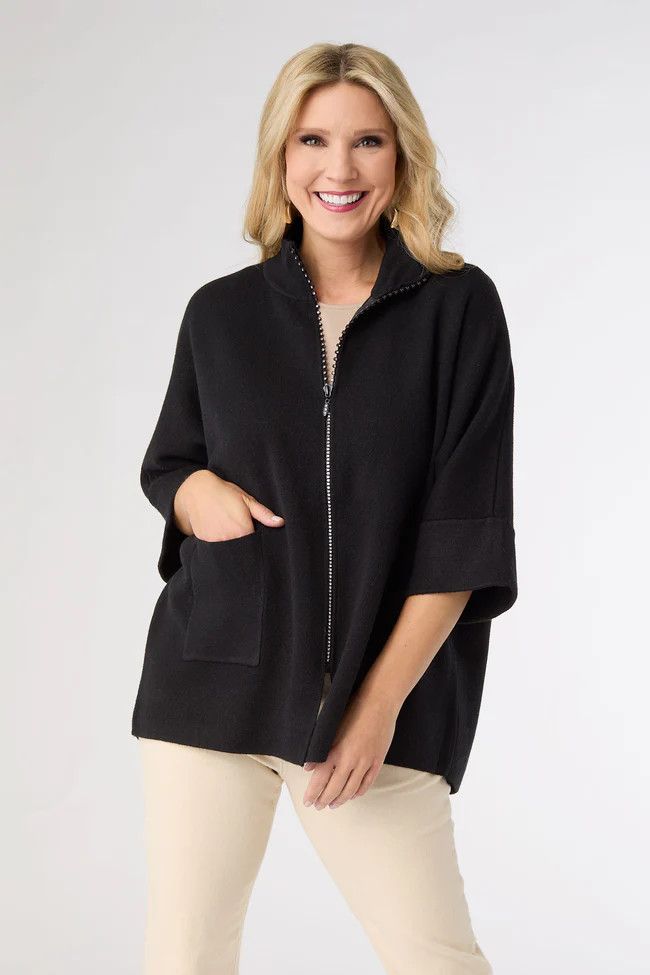 Heavenly-Luxe Rhinestone Zip Front Cardigan - Black