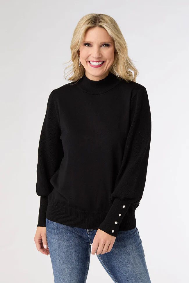 Skylah Mock Neck Sweater w/Pearl Button Cuff, Size: XS