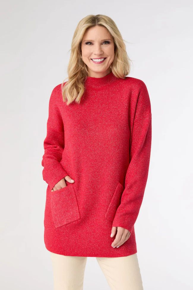 Heavenly Glitz Mock Neck Tunic Sweater Red/Silver, Size: XS