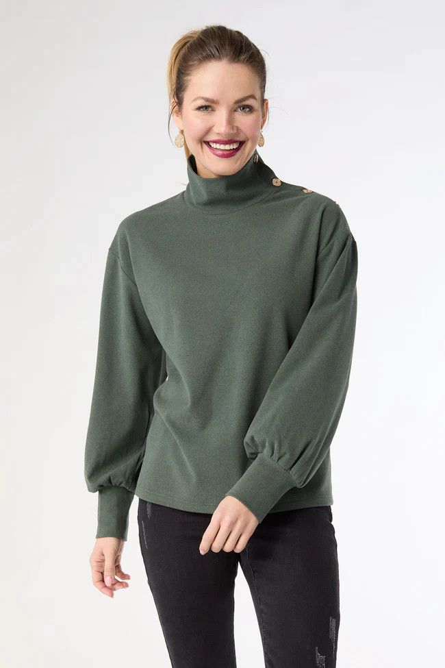 Audrina Super Soft Top w/ Button Detail - Green Heather