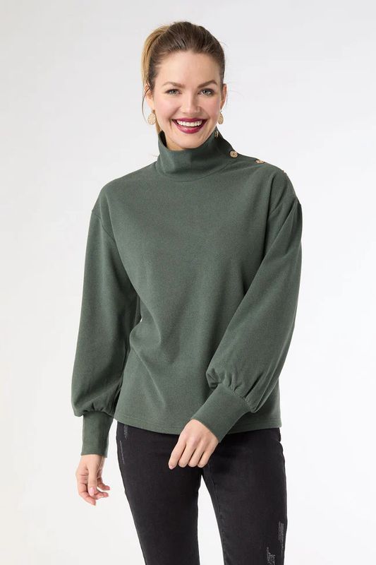 Audrina Super Soft Top w/ Button Detail - Green Heather