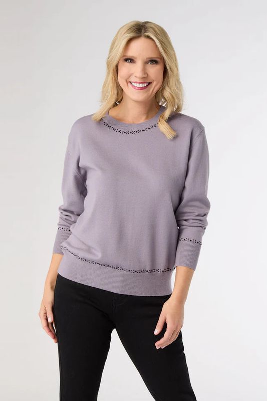 Braelyn Button Back Sweater w/ Rhinestones - Dusty Lavender