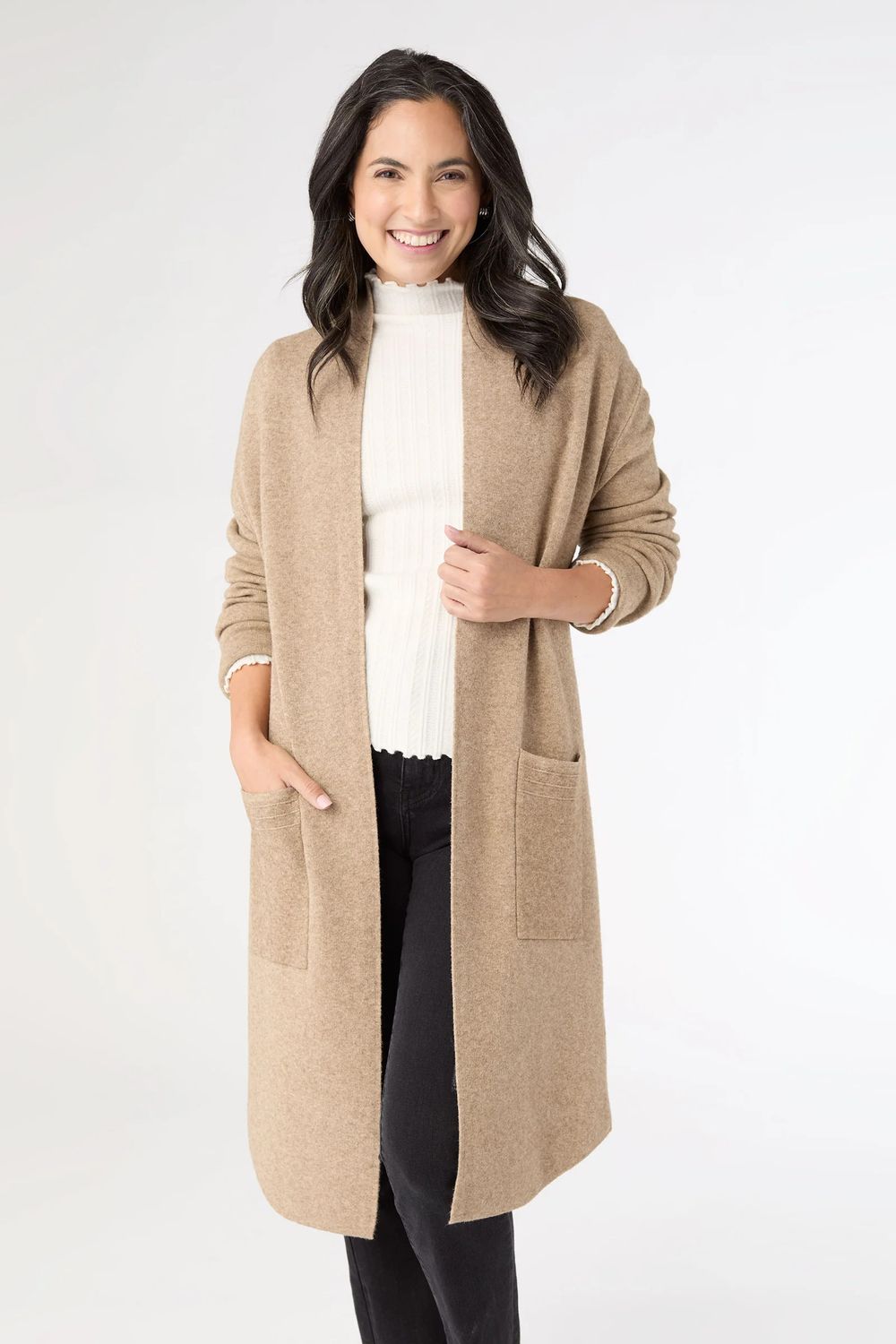 Heavenly-Luxe Long Cardigan w/Lattice Back, Color: Beige Heather, Size: XS