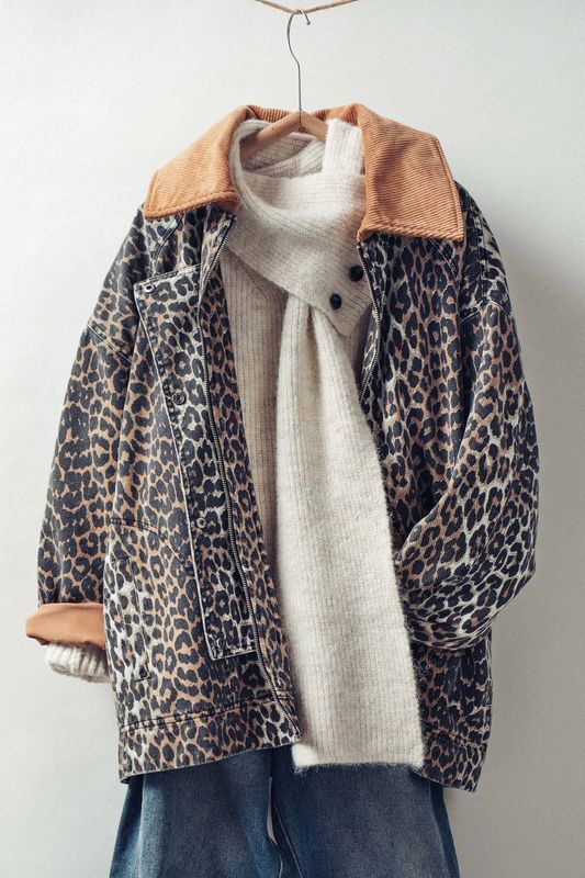 Leopard Print Jacket w/ Corduroy Collar