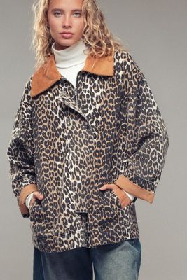 Leopard Print Jacket w/ Corduroy Collar
