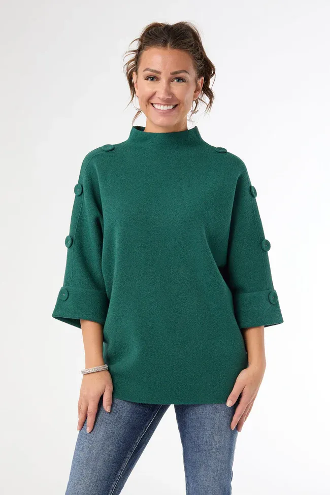 Heavenly-Luxe Elbow Sleeve Funnel Neck W/ Button Detail, Color: Forest Green, Size: XS