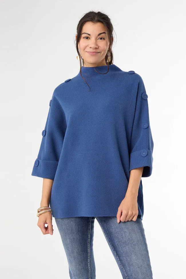 Heavenly-Luxe Elbow Sleeve Funnel Neck W/ Button Detail, Color: Steel Blue, Size: S/M