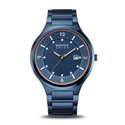 Bering Men&#39;s Slim Solar Polished Brushed Blue Watch