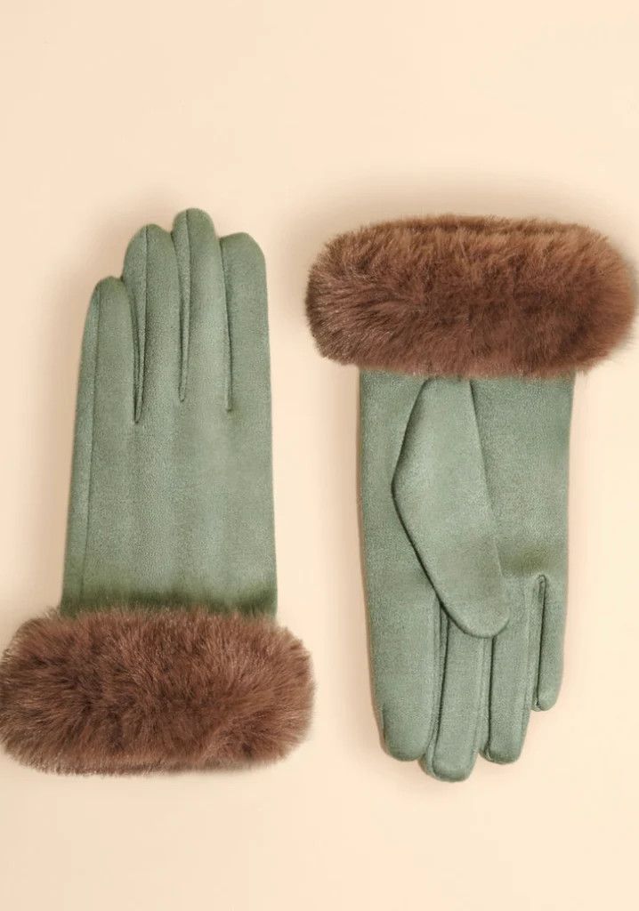 Bettina Faux Suede Faux Fur Sage Gloves