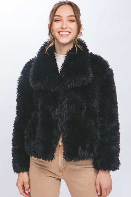 Faux Fur Jacket, Color: Black, Size: Small