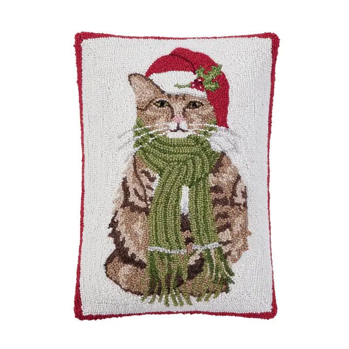 Green Scarf Holiday Cat Hook Pillow 14 x 20