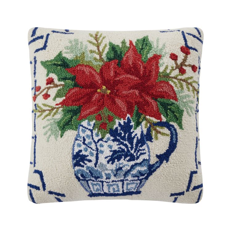 Chinoiserie Poinsettia Hook Pillow 18&quot;x18&quot;
