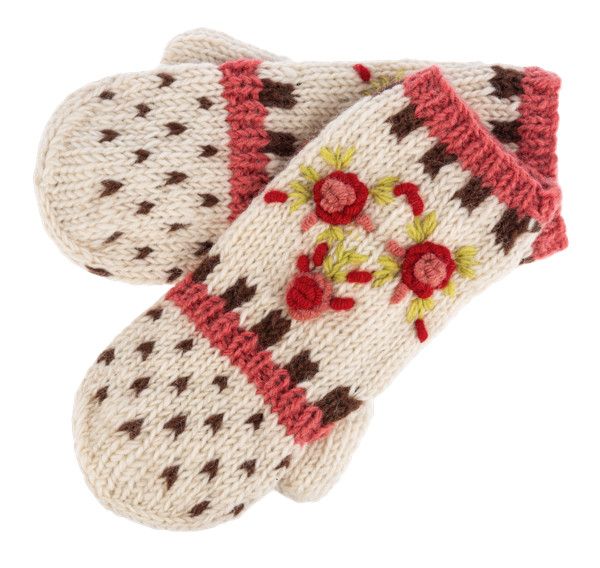 Wool Mittens Natural Pink Floral