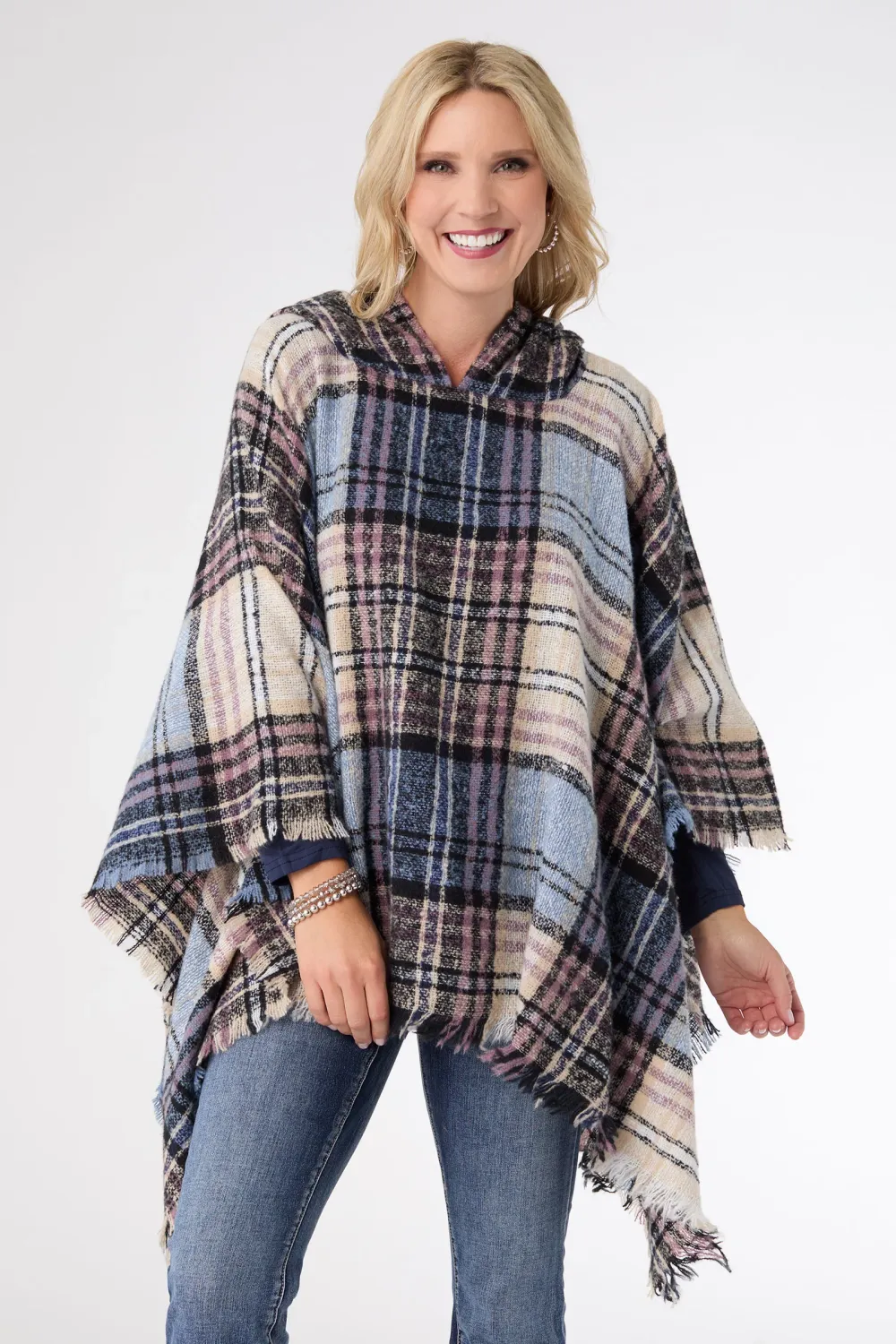 Copacabana Hooded Poncho, Color: Sky Blue/Black/Natural