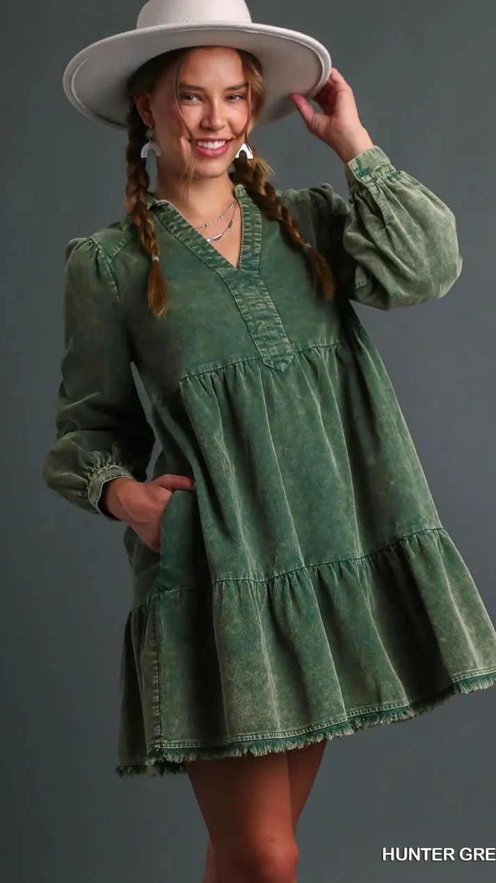 Corduroy Washed Collared Dress, Color: Hunter Green, Size: Small