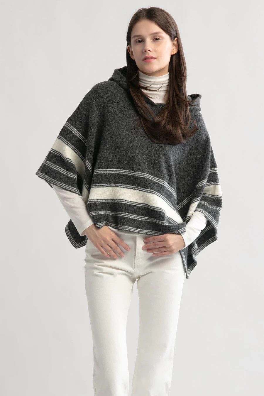 Striped Hood Cape Poncho - Charcoal
