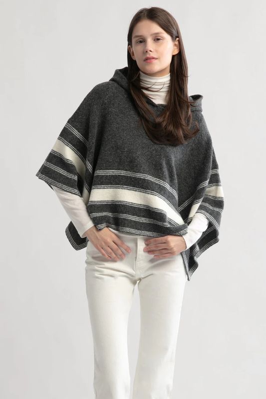 Striped Hood Cape Poncho - Charcoal