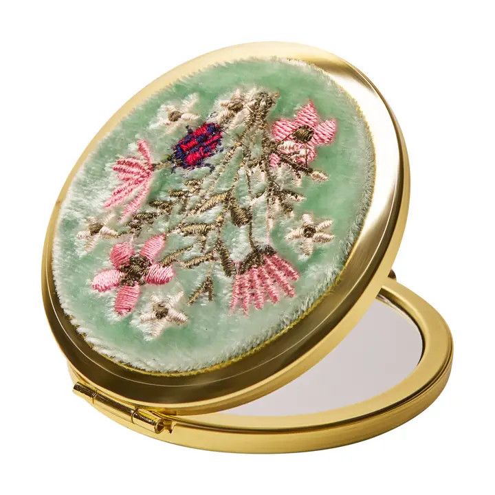 Embroidered  Compact Mirror, Color: Aqua Bouquet