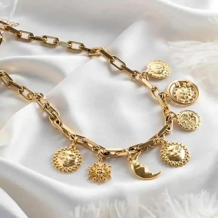 Multi Charm Sun and Moon Necklace Gold