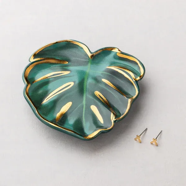 Jewelry Dish &amp; Stud Earring Set - Leaf/Sage