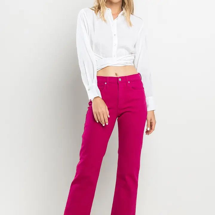High Rise Straight Raw Cut Hem Magenta Jeans