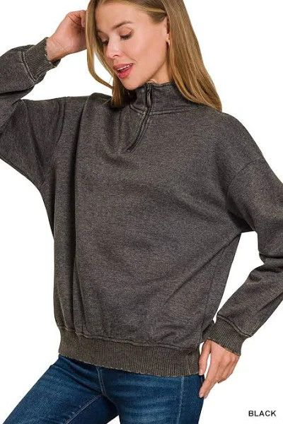 Acid Wash Fleece Half Zip Pullover, Color: Ash Black, Size: Small