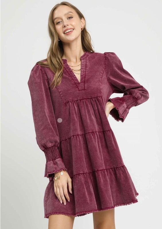 Stone Washed Corduroy Tiered Dress