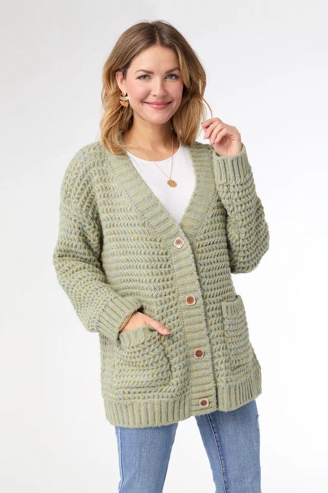 Filbert Casual Cardigan - Green Marled, Size: L/XL