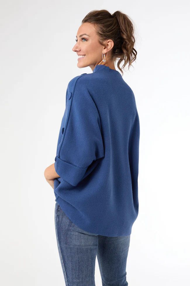 Heavenly-Luxe Elbow Sleeve Funnel Neck W/ Button Detail, Color: Steel Blue, Size: XS