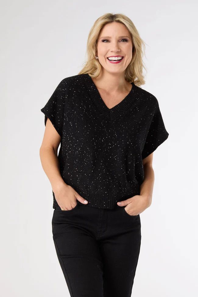 Janece Sparkle V-Neck Cap Sleeve Sweater, Size: XS