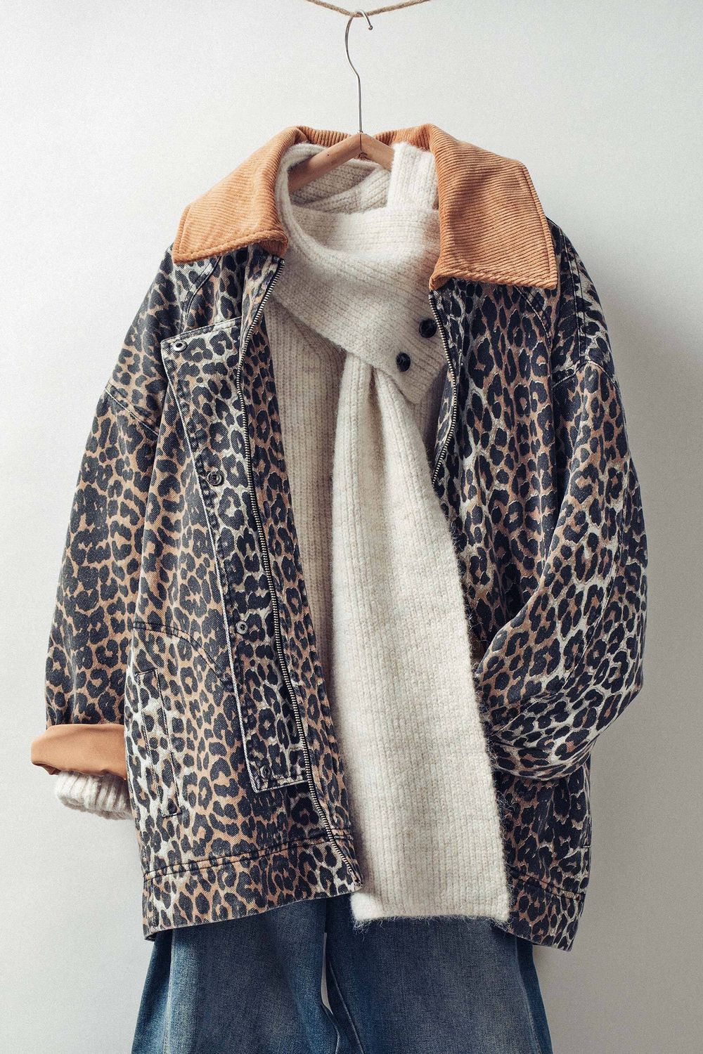 Leopard Print Jacket w/ Corduroy Collar