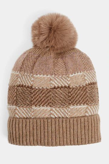 Checkerboard Winer Knit Hat Brown