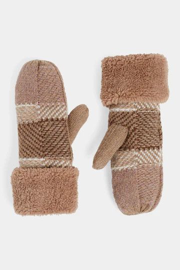 Checkerboard Winer Winter Mitten Brown