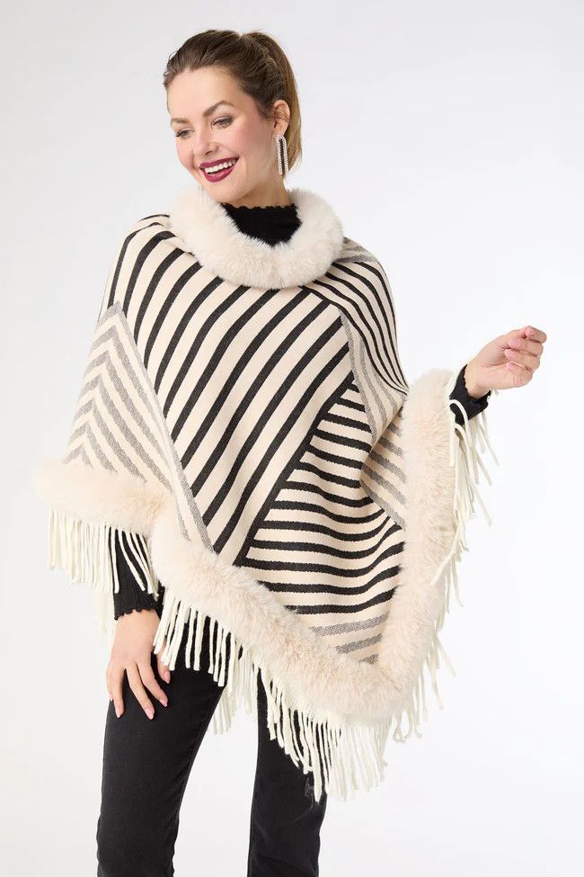 Ausha Fringe Poncho w/Faux Fur Trim O/S