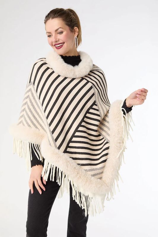 Ausha Fringe Poncho w/Faux Fur Trim O/S