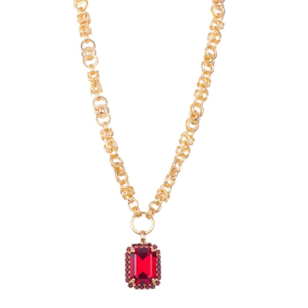 Halo Emerald Cut Pendant on Chunky Chain "Red Siam"