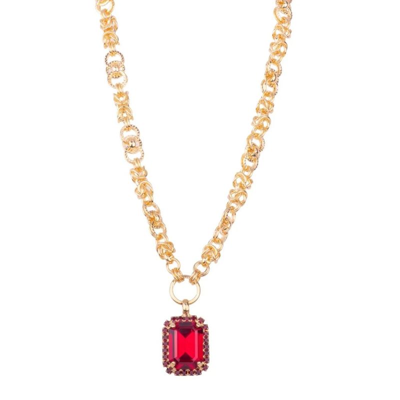 Halo Emerald Cut Pendant on Chunky Chain "Red Siam"