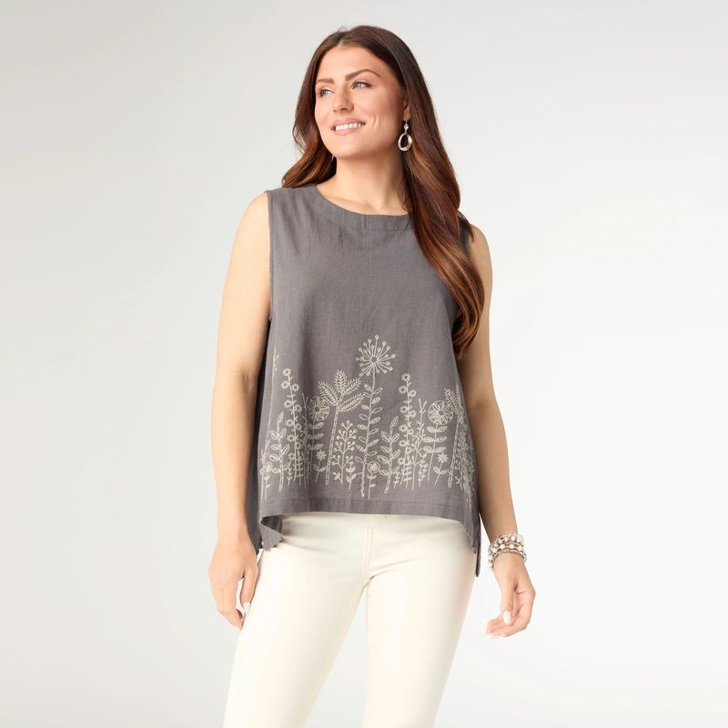 Ava Tank with Floral Embroidery Carbon Grey