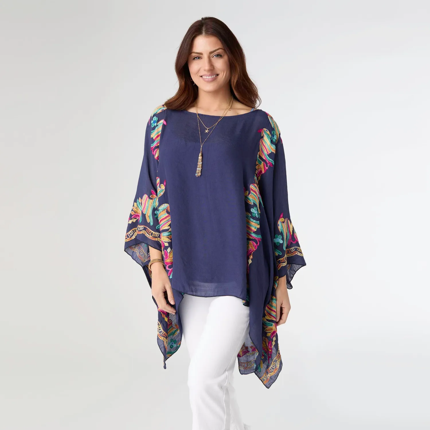 Nia Poncho With Embroidery - Navy
