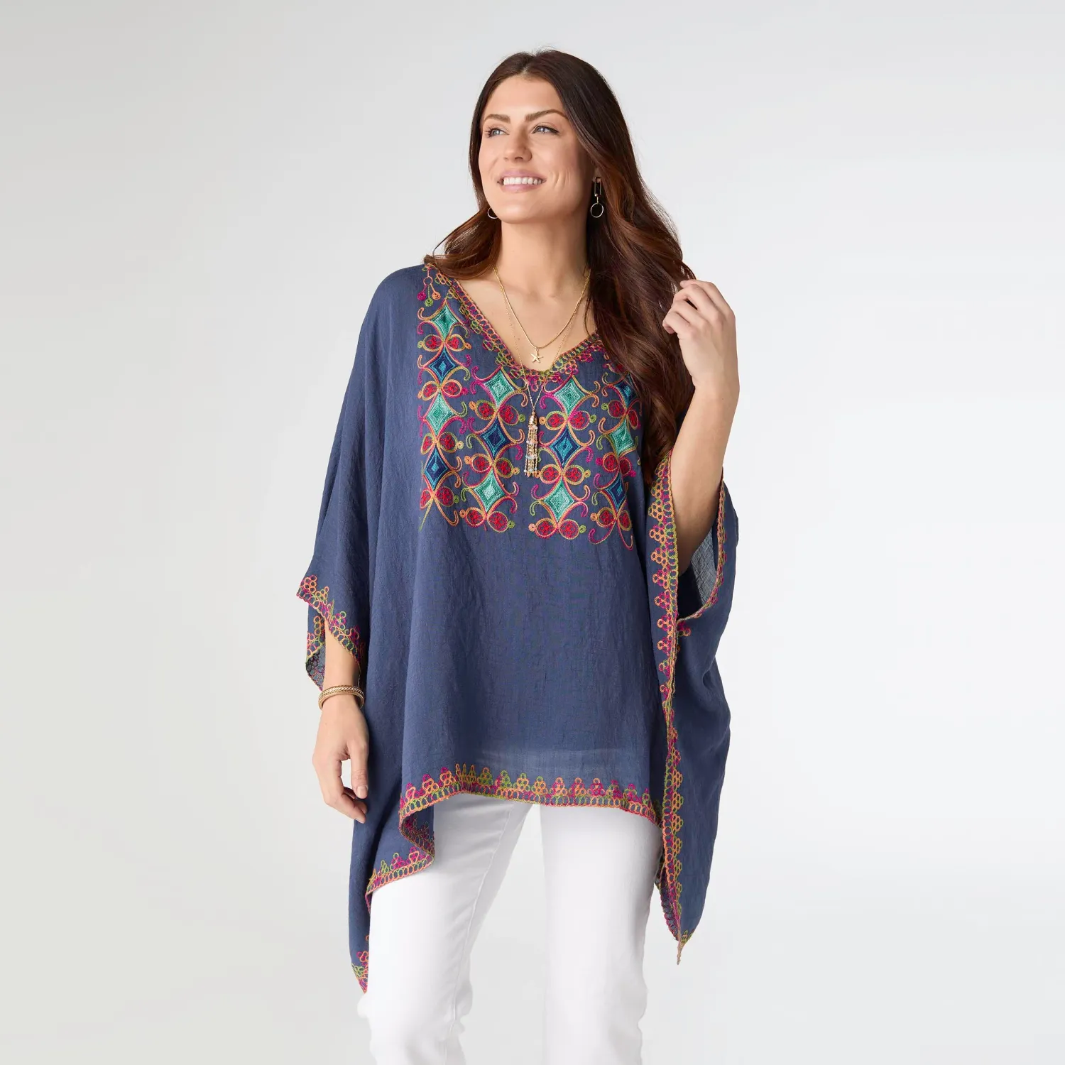Sariah V-Neck Poncho With Embroidery