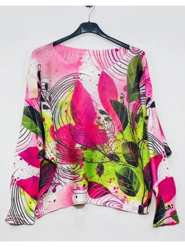 Fushia Leaves Knit Printed Sweater O/S