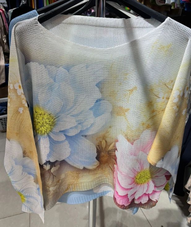 Beige Floral Knit Printed Sweater O/S