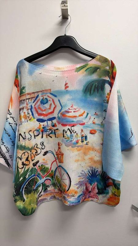 Blue Beach Knit Printed Sweater O/S