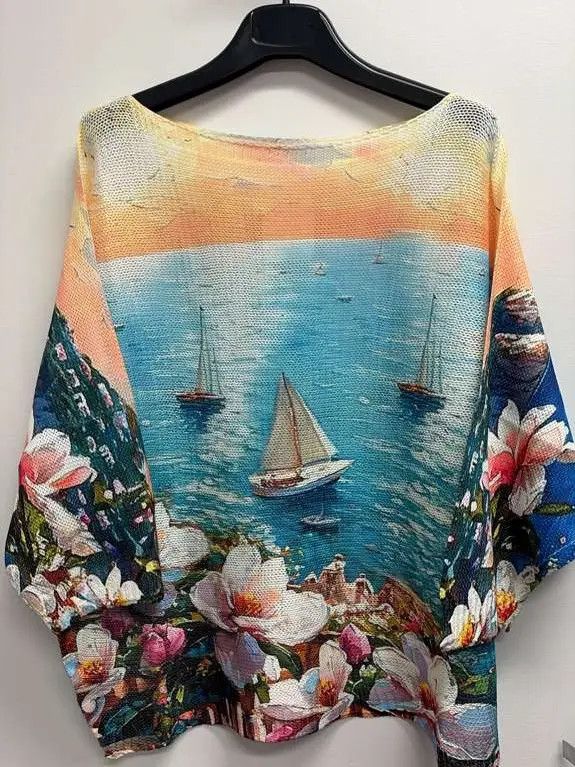 Blue Boat Floral Knit Printed Sweater O/S