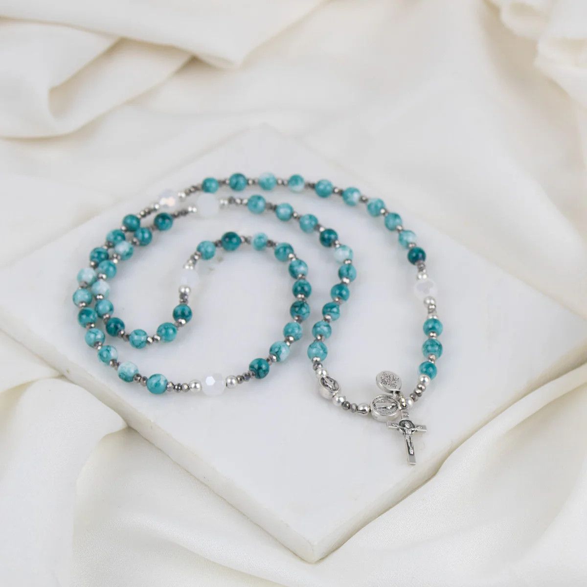 Rosary Wrap Bracelet Blue/Hematite/Pearl