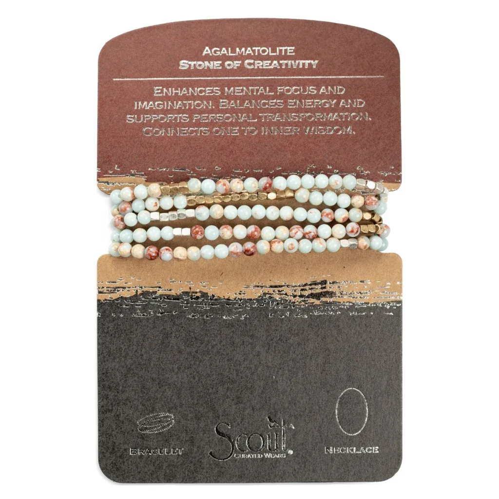 Stone Wrap Bracelet/Necklace - Agalmatolite/Silver/Gold