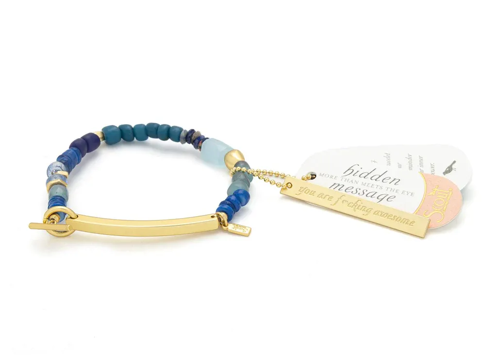 Hidden message bracelet - f_ucking awesome/aquamarine/gold